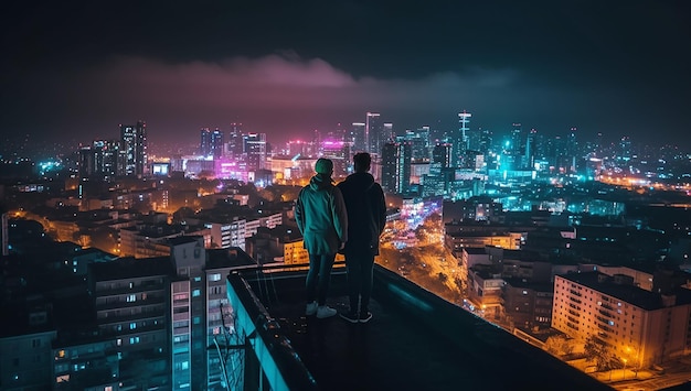 Romantic couple on the roof of a skyscraper looking at the night view of a big city Generative AI