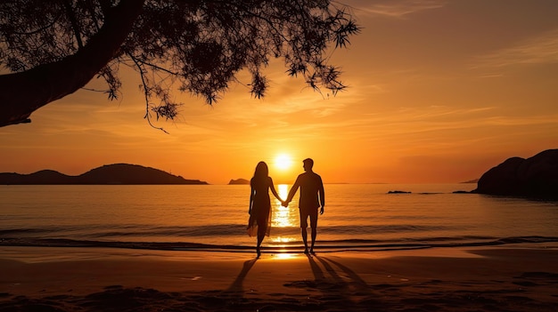 Romantic couple s silhouette holding hands at sunrise on the beach