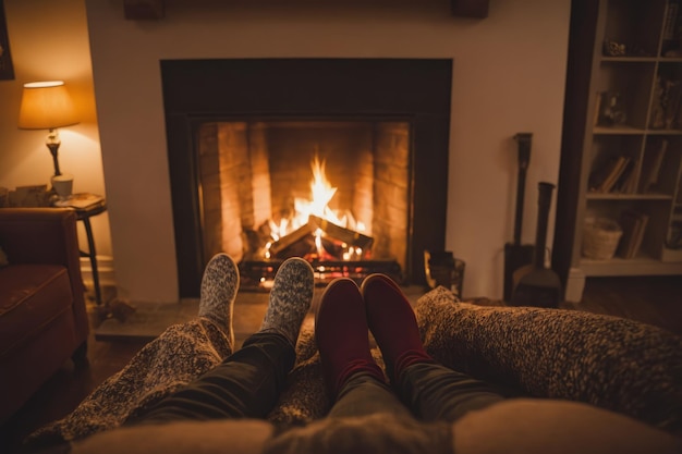 写真 ロマンチックなカップルが夜にリビングのソファーの上の暖炉の前で楽しい時間を過ごしています