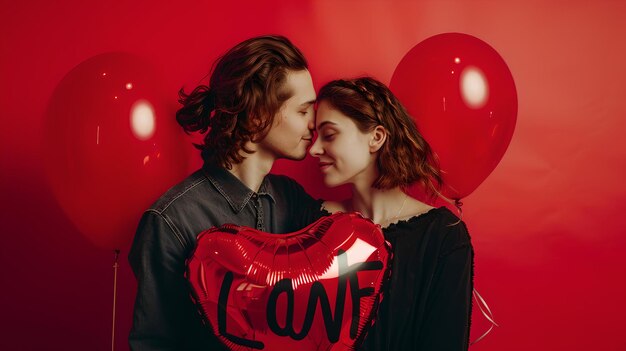 Romantic couple sharing a moment with love balloons and red backdrop perfect for valentines or anniversary celebrations capturing affection and intimacy AI