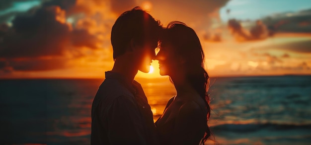 Romantic couple silhouette against a stunning sunset backdrop