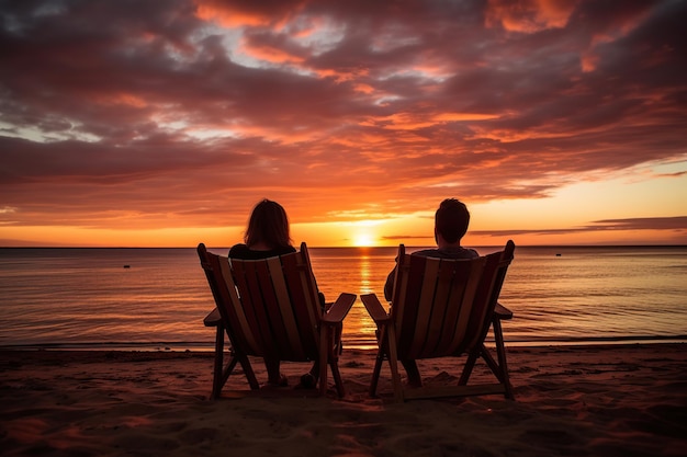 一緒に座って海の近くの夕日を楽しむロマンチックなカップル 生成 AI