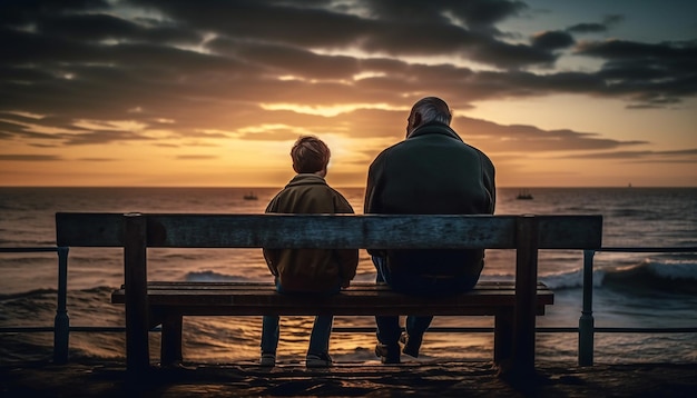 Foto coppia romantica seduta insieme al tramonto che si abbraccia generata dall'intelligenza artificiale