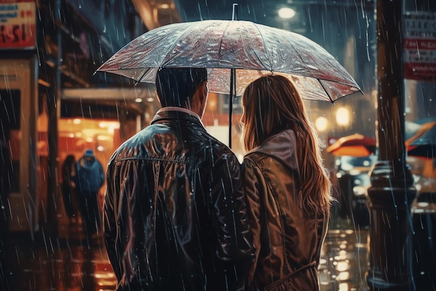 Romantic couple standing beneath an umbrella