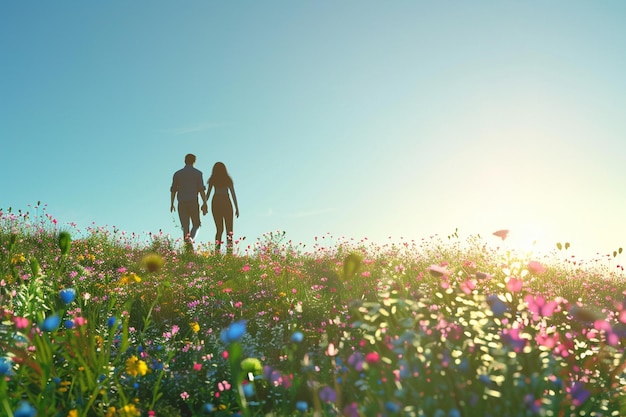 Romantic couple strolling through a field of bloom