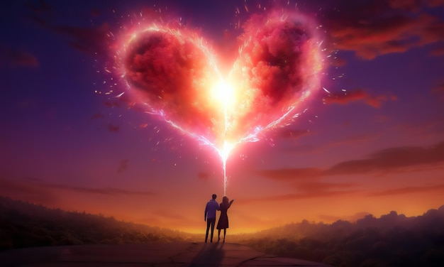 Photo romantic couple together viewing a creative heart firework