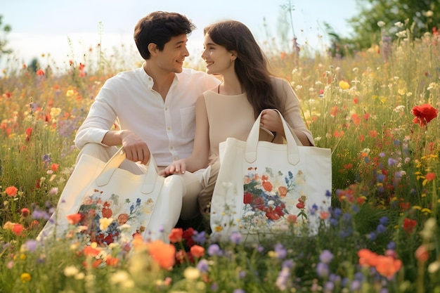 Романтическая пара-путешественник с экологически чистыми сумками