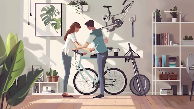 Romantic Couple with Bicycle in Illustrated Kitchen