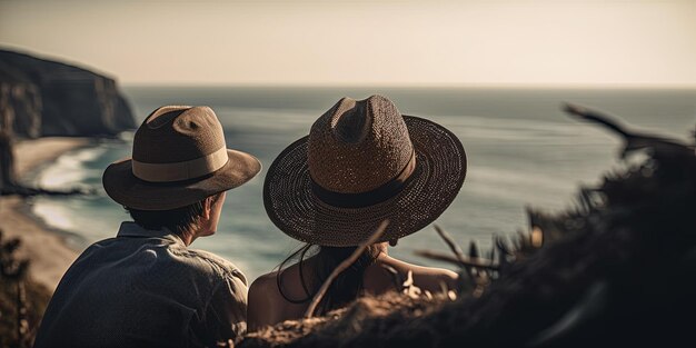 A romantic couple with straw hats chilling enjoying beautiful views over the ocean Generative AI