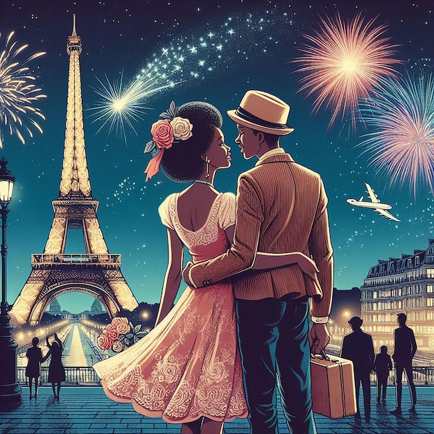 Foto una coppia romantica sotto i fuochi d'artificio vicino alla torre eiffel