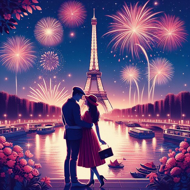 Foto una coppia romantica sotto i fuochi d'artificio vicino alla torre eiffel