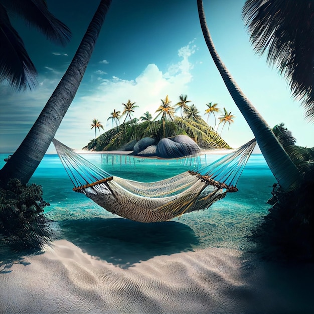 Romantic cozy hammock between palm trees on the tropical beach by the sea Generative AI