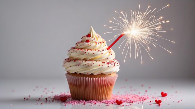 romantic cupcake with hearts and burning sparkler Valentine cupcakes decorated with sweet hearts