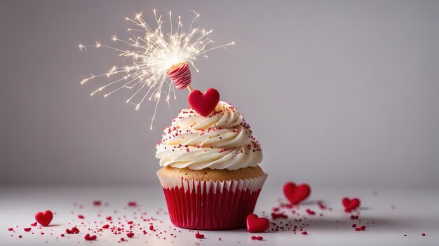 romantic cupcake with hearts and burning sparkler Valentine cupcakes decorated with sweet hearts