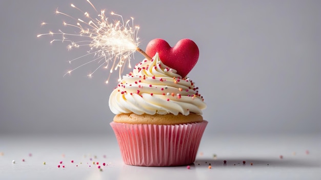 romantic cupcake with hearts and burning sparkler Valentine cupcakes decorated with sweet hearts