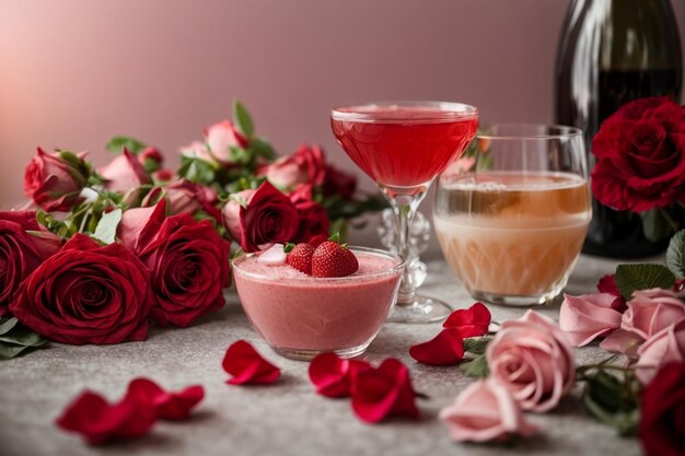 Foto celebrazione romantica e carina di san valentino in inverno con bevande di frutta e rose