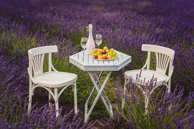 Romantic date on lavender field