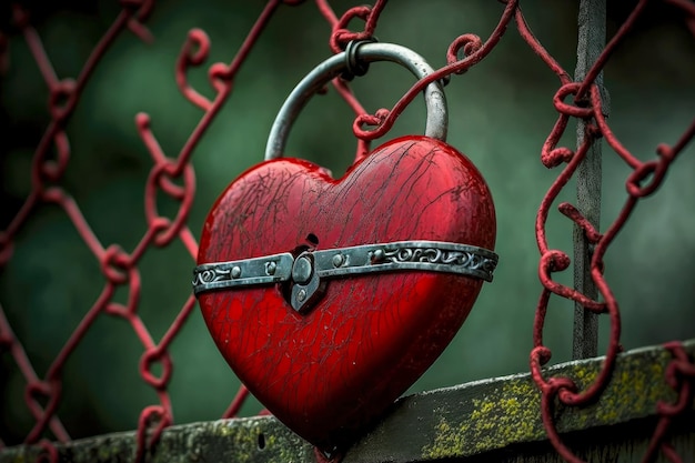 Фото Романтическое свидание с красным замком в виде сердца с украшением, висящим на кованом заборе