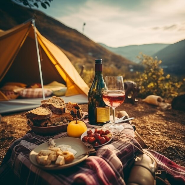 romantic Dinner against the tent in mountains