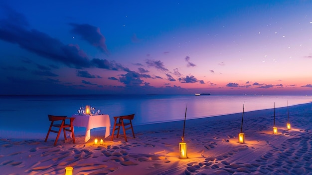 Romantic dinner on the beach in the evening