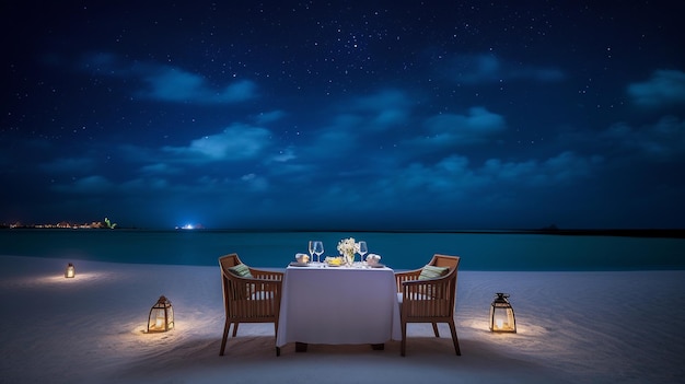 A romantic dinner on the beach at night