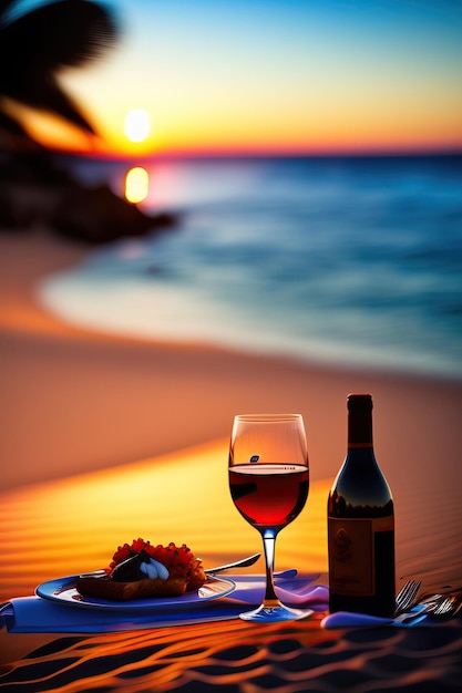 Romantic dinner on the beach Wine two glass dinner honeymoon