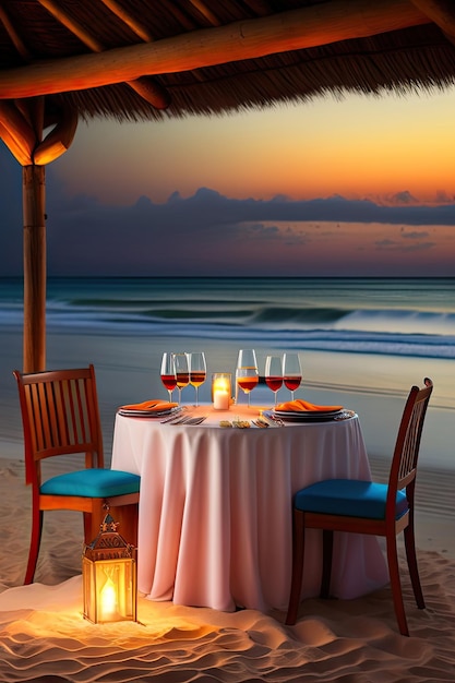 Romantic dinner on the beach Wine two glass dinner honeymoon