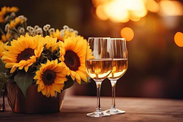 Romantic Dinner Bouquet of flowers lying on the table selective focus on bunch of roses two glass