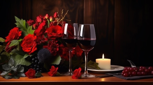 Romantic dinner bouquet of flowers lying on the table two glasses of red wine