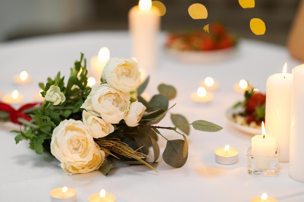 Romantic Dinner Bouquet of flowers lying on the table