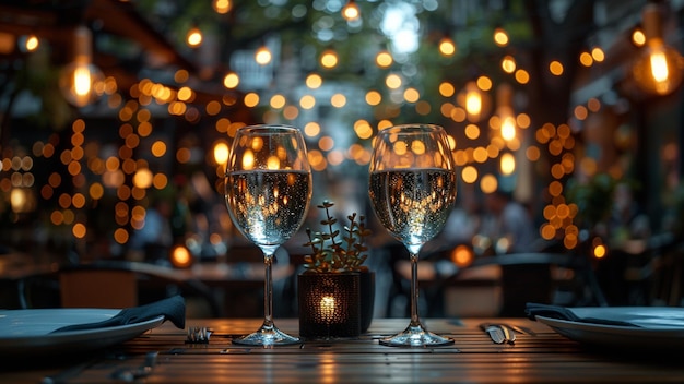 Romantic dinner in a restaurant with candles and flowers on a wooden table