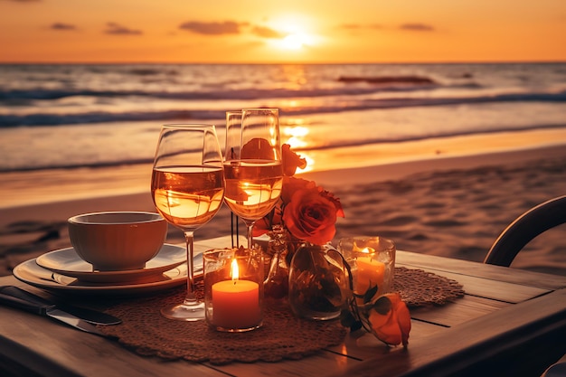 Romantic dinner setting on the beach at sunset Romantic dinner on the beach