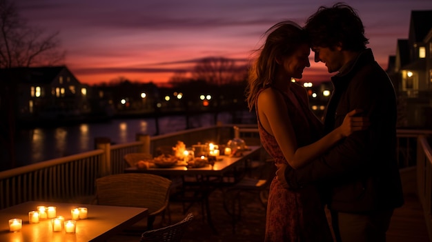 Photo romantic dinner setting by the waterfront at sunset