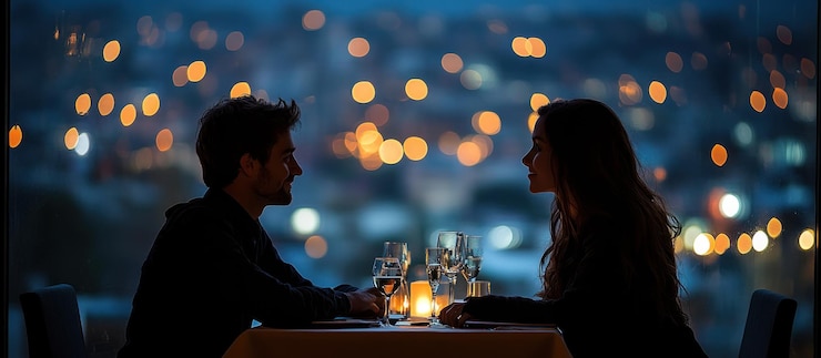 Photo a romantic dinner setting with a couple silhouetted against a cityscape at dusk