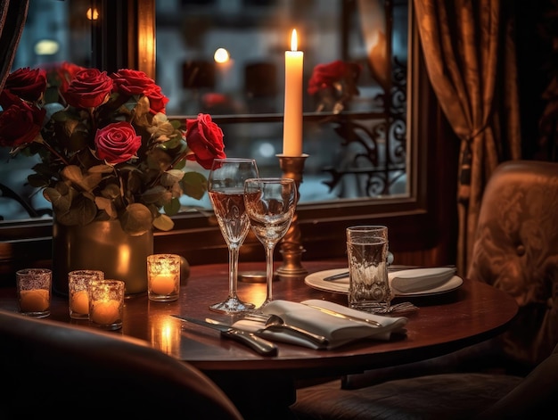 Фото Романтическая обстановка для ужина с цветами, серебряной свечой и красной розой на столе генеративный ии