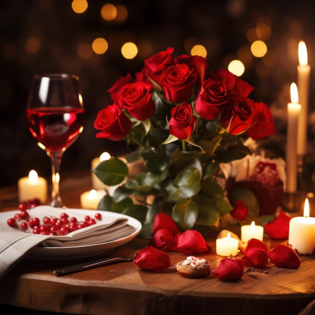 Romantic dinner setting with red roses and candles