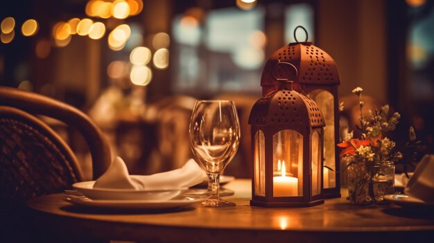 Romantic dinner setup red decoration with candle light in a restaurant Selective focus Vintage color Generative Ai