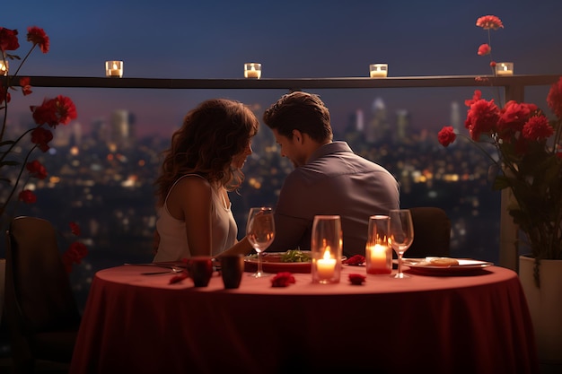 バレンタインデーを楽しんでいるカップルを特徴とする街灯の屋上でのロマンチックなディナーセットアップ