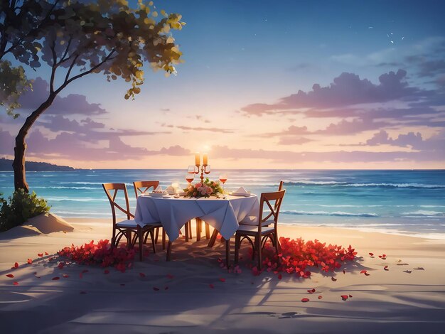 Romantic dinner table on the beach Generate Ai art