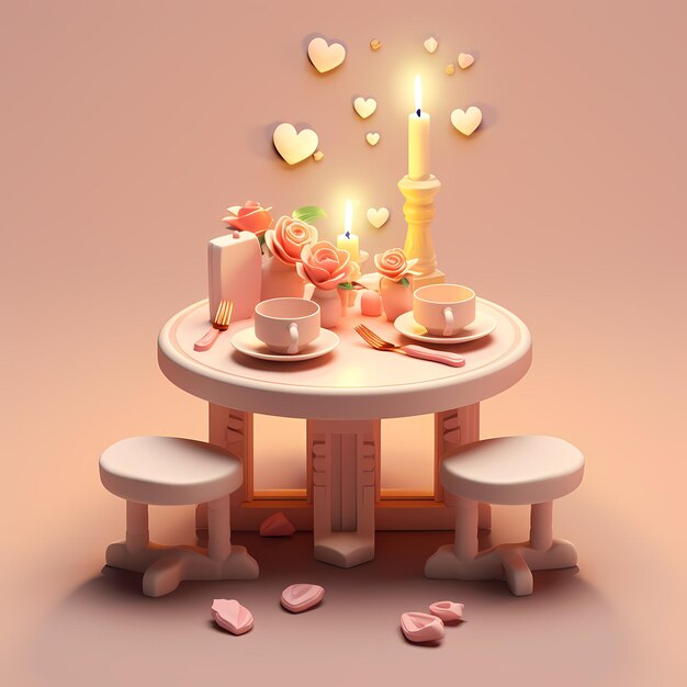 romantic dinner table isometric 3d soft pastel colors