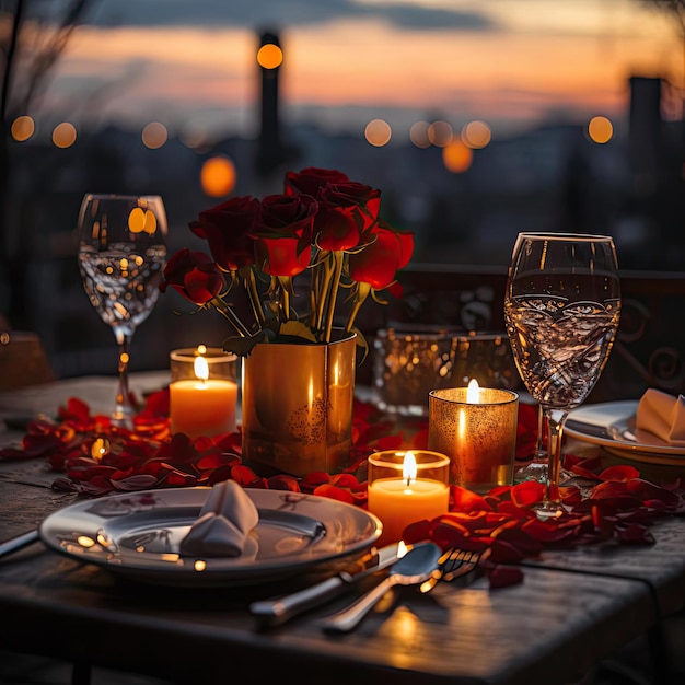 Romantic dinner table set with roses and candles