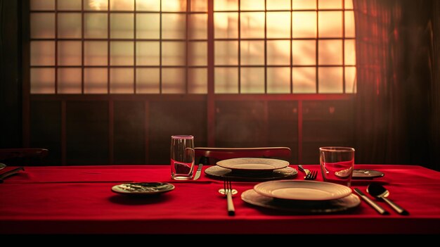 Foto tavolo da pranzo romantico per due con panno rosso e illuminazione morbida