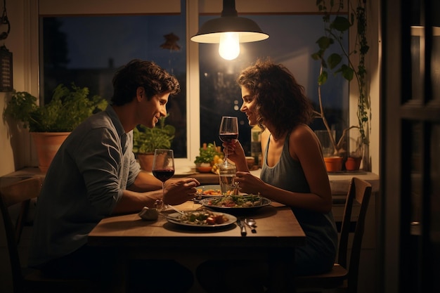 Photo a romantic dinner table with lights hanging from the ceiling.