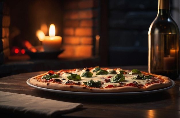 ろうそくの光でピザを食べるロマンチックな夕食