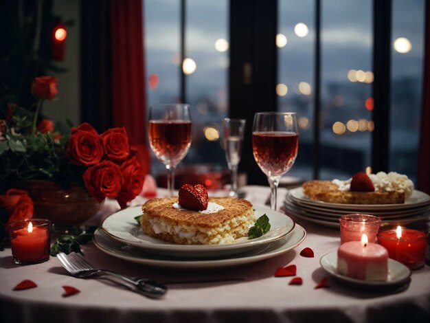 romantic dinner with candles and roses