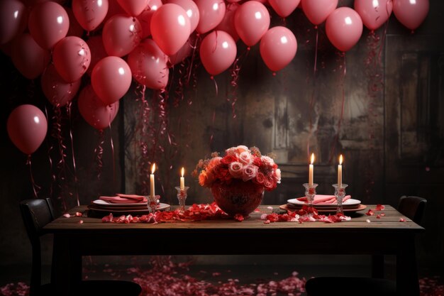 Фото Романтический ужин со свечами из лепестков роз и воздушными шарами в форме сердечек генеративный искусственный интеллект