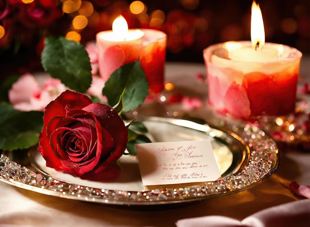 Romantic dinner with roses and candles on table closeup