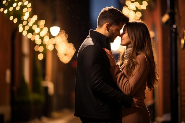 Romantic Duo Caught in a Tender Moment Under the Mistletoe Amidst the Glow of Festive Fairy Lights