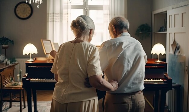 Romantic elderly married couple wife and husband dancing to music together in the living room generative AI