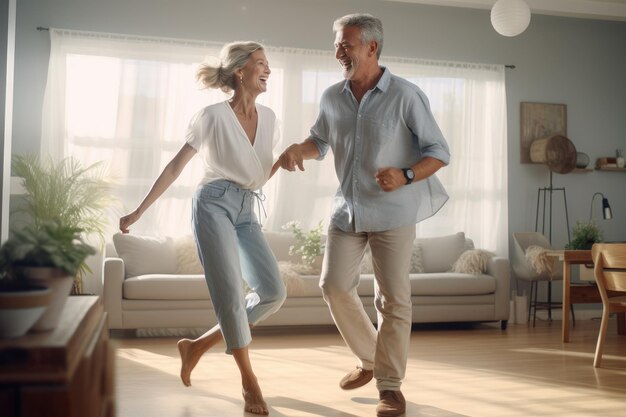 Romantic elderly married couple wife and husband dancing together to music in the living room smiling laughing retired man and woman having fun enjoying free time together at home